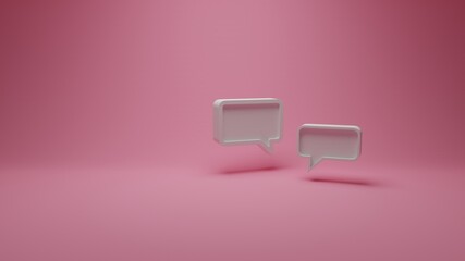 3d rendering of two matte white speech bubbles in the centered right image area in front of a matte pink background lighted from above