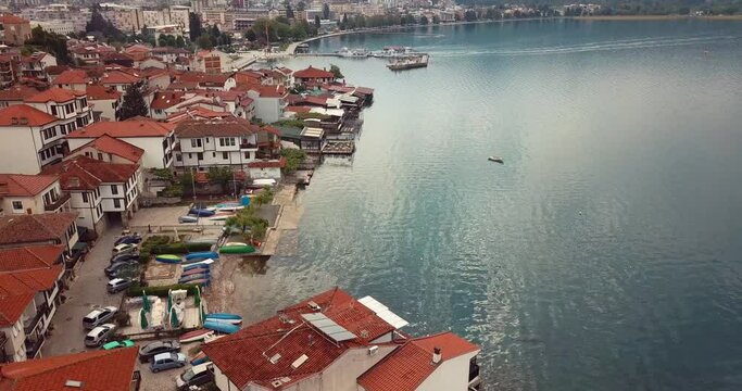 4K Aerial Footage of the Ohrid Lake and Cityscape of Ohrid, Cultural and Natural World Heritage Sites by UNESCO, Macedonia