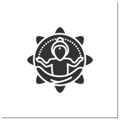 Fototapeta premium Yoga master glyph icon. Meditation, concentration, relaxation, internal peace practicing.Indian culture, esthetics,traditions and customs.Filled flat sign. Isolated silhouette vector illustration