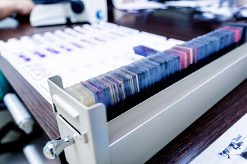 Multicolored patient tissue blocks at modern laboratory