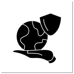 Saved planet glyph icon. Earth globe on palm with shield. Concept of ecology activism, ecology and environment protection and world peace.Filled flat sign. Isolated silhouette vector illustration