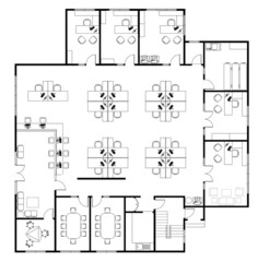 PENANG, MALAYSIA -APRIL 17, 2021: An office plan layout drawing complete with the furniture in 2D CAD drawing. Provide counters for dealings with the public or visitors. Drawing in black in white. 
