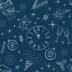 seamless pattern on blue background nutcracker clock champagne white outline
