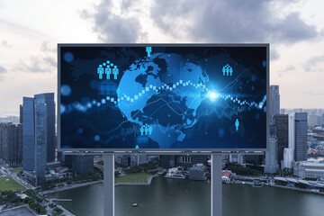World planet Earth map hologram of social media icons over sunset panoramic cityscape of Singapore, Southeast Asia. The concept of people connections.