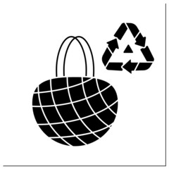 Mesh bag glyph icon. Reusable cotton thread grocery shopping bag with recycling. Sustainable zero waste goods and responsible consumption.Filled flat sign. Isolated silhouette vector illustration