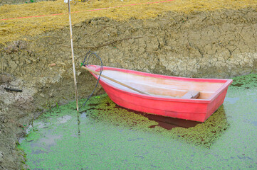 A small red fiberglass boat floats on the bank of the garden