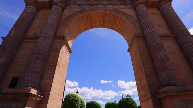 Leon landmark tourist attraction, monument Triumphal Arch of the City of Leon near historic city center.