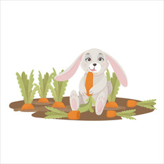Funny Rabbit eats a carrot in a cartoon style. Hare is a farmer. Vector illustration isolated on white background.