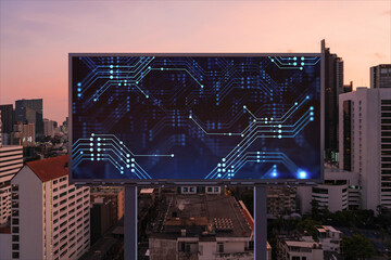 Information flow hologram on road billboard, night panorama city view of Bangkok. The largest technological center in Southeast Asia. The concept of programming science.