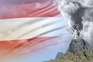 volcano eruption at day time with white smoke on Austria flag background, problems of natural disaster and volcanic earthquake conceptual 3D illustration of nature