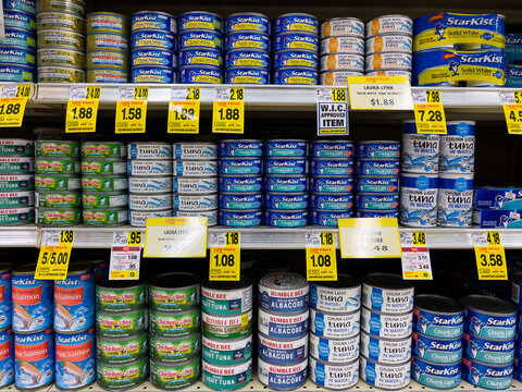 ATLANTA, GEORGIA - JANUARY 02, 2022 : Canned tuna fish on retail display shelf at an American grocery store supermarket.