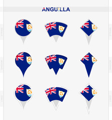 Anguilla flag, set of location pin icons of Anguilla flag.