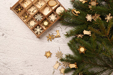 Christmas background cookies and tree branches, happy new year decoration 