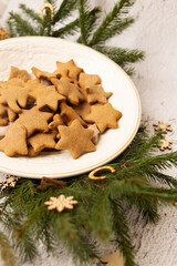 Christmas background cookies and tree branches, happy new year decoration 
