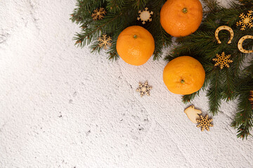 Christmas background cookies and tree branches, happy new year decoration 