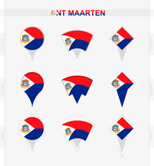 Sint Maarten flag, set of location pin icons of Sint Maarten flag.