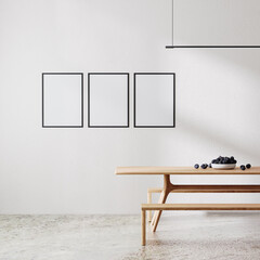 poster frames mock up in modern room minimalist interior with white all with sunlight and shadow, wooden table with benches,  dinning room, 3d rendering - obrazy, fototapety, plakaty
