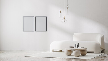 poster frame mockup in white room interior with sunlight shadows and white sofa with stone coffee table and pendant light, 3d rendering