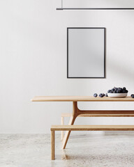 frame mock up in modern room minimalist interior with white all with sunlight and shadow, wooden table with benches,  dinning room, 3d rendering - obrazy, fototapety, plakaty
