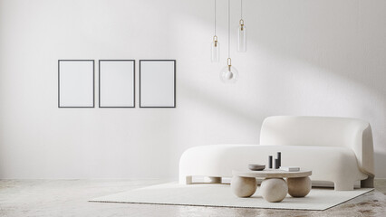 poster frame mockup in white room interior with sunlight shadows and white sofa with stone coffee table and pendant light, 3d rendering