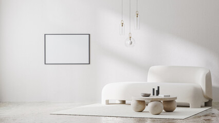 picture frame mockup in white room interior with sunlight shadows and white sofa with stone coffee table and pendant light, 3d rendering