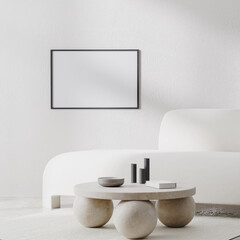 horizontal frame mockup in white room interior with sunlight shadows and white sofa with stone coffee table, 3d rendering