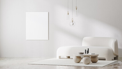 canvas mockup in white room interior with sunlight shadows and white sofa with stone coffee table and pendant light, 3d rendering