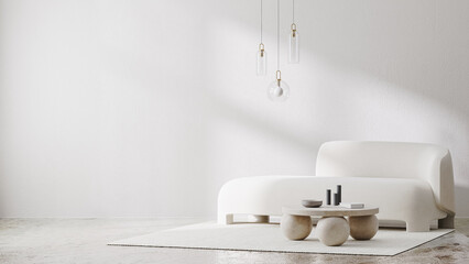 White room interior mock up with sunlight shadows and white sofa with stone coffee table and pendant light, empty wall mock up, 3d rendering