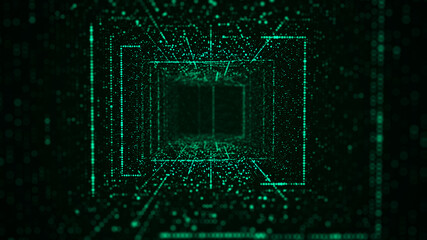 Abstract particle flow in cyberspace. Futuristic 3D portal. Digital technology web flow. Big data visualization. 3d rendering.