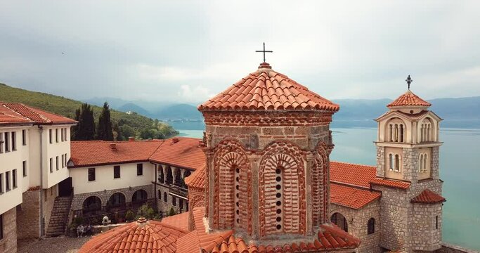 4K Aerial Footage View to the Monastery of Saint Naum, Eastern Orthodox monastery in North Macedonia