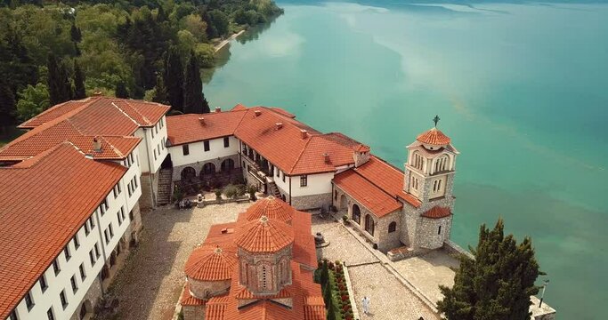 4K Aerial Footage View to the Monastery of Saint Naum, Eastern Orthodox monastery in North Macedonia