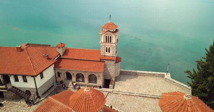 4K Aerial Footage View to the Monastery of Saint Naum, Eastern Orthodox monastery in North Macedonia