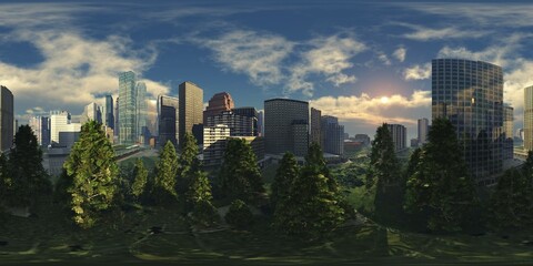 Fototapeta premium Park in the city, city park,, HDRI, environment map , Round panorama, spherical panorama, equidistant projection, panorama 360, 3d rendering
