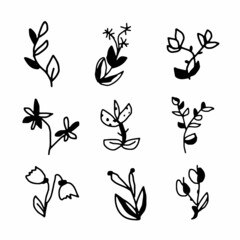 Vector simple flowers set. Black and white isolated elements.