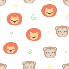 Funny children's seamless pattern. Cartoon animals, lion and monkey. Simple hand drawn illustration. For textiles and children's decor.