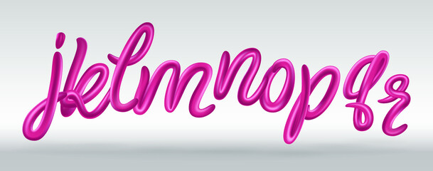 Font set with letters j, k, l, m, n, o, p, q, r. Glossy pink alphabet. 3D render of bubble font with glint. Typography vector illustration.
