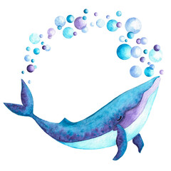 Cute hand drawn watercolor blue and violet colored whale with frame made of colorful bubbles.Hand painted illustration with whale isolated on white background for kids products, print, fabrics.