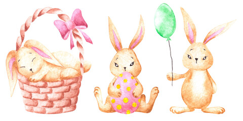 Watercolor hand drawn set with three easter bunnies. Sleeping in basket, hugging pink easter egg, holding green balloon rabbits. Aquarelle design element hand painted