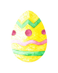 Watercolor hand drawn easter egg with yellow, pink and green stripes, waves and spots. Aquarelle hand painted elements for design