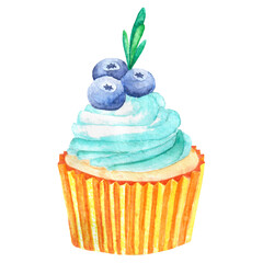 Hand drawn watercolor blueberry muffin with mint colored cream and blueberries on top of it. Kids products, print, fabrics, wallpapers.
