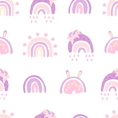 Rainbow bunny seamless pattern. Nursery and baby room. Abstract boho rainbow, rabbit minimalist arch. Cute animal stock modern trendy hand drawn flat illustration isolated on white background.