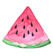 Hand drawn watercolor triangular piece of fresh watermelon slice with brown seeds isolated on white background. Watercolor hand painted illustration