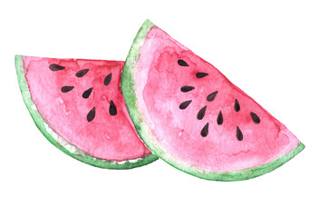 Two hand drawn watercolor sliced juicy watermelon slices with brown seeds isolated on white background. Watercolor hand painted illustration of fresh healthy food