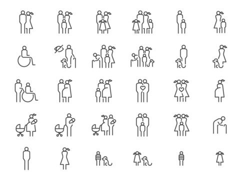 Family line icon set. Included the icons as parent, children, grandparent, pet, and more.