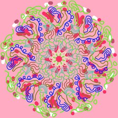 Round abstract pattern of colored elements on a pink background for the cover.