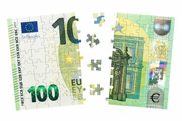 Puzzle made from hundred euro note and isolated on a white background