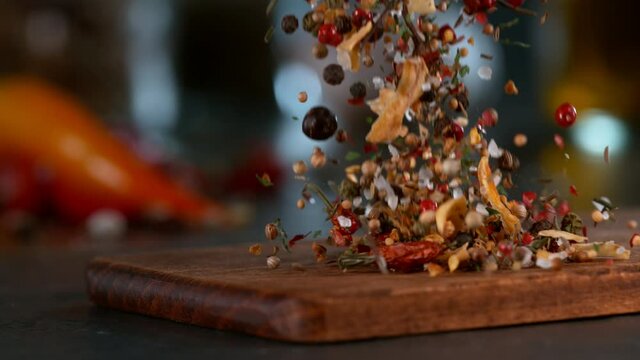 Super Slow Motion Shot of Falling Various Spices, Filmed on High Speed Cinematic Camera at 1000 fps.
