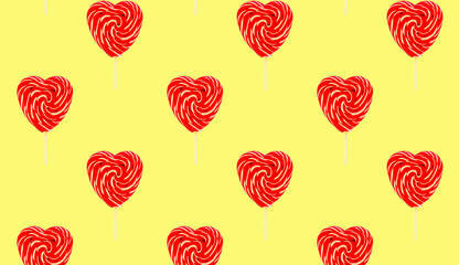 Fototapeta na wymiar Red heart lollipops pattern on yellow background love and Valentine day background