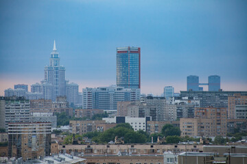 Panorama view of city on the blue sky with light haze or smog. Moscow. Russia.