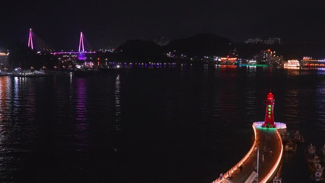 Aerial night view from cable car, Yeosu, South Korea